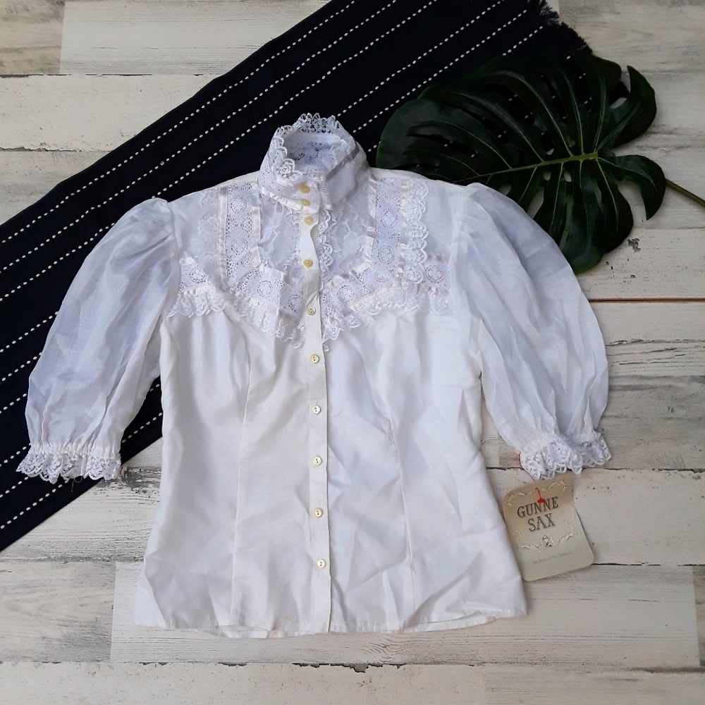 Gunne Sax| Jessica McClintock Lace Puff Sleeve Top Vintage Cottagecore Frills